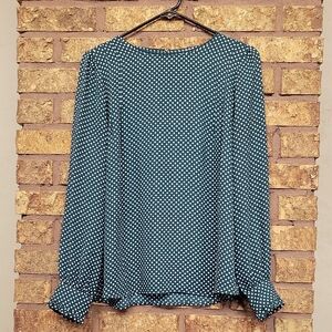 LOFT Polka Dot Long Sleeve Blouse Green and White Size Small